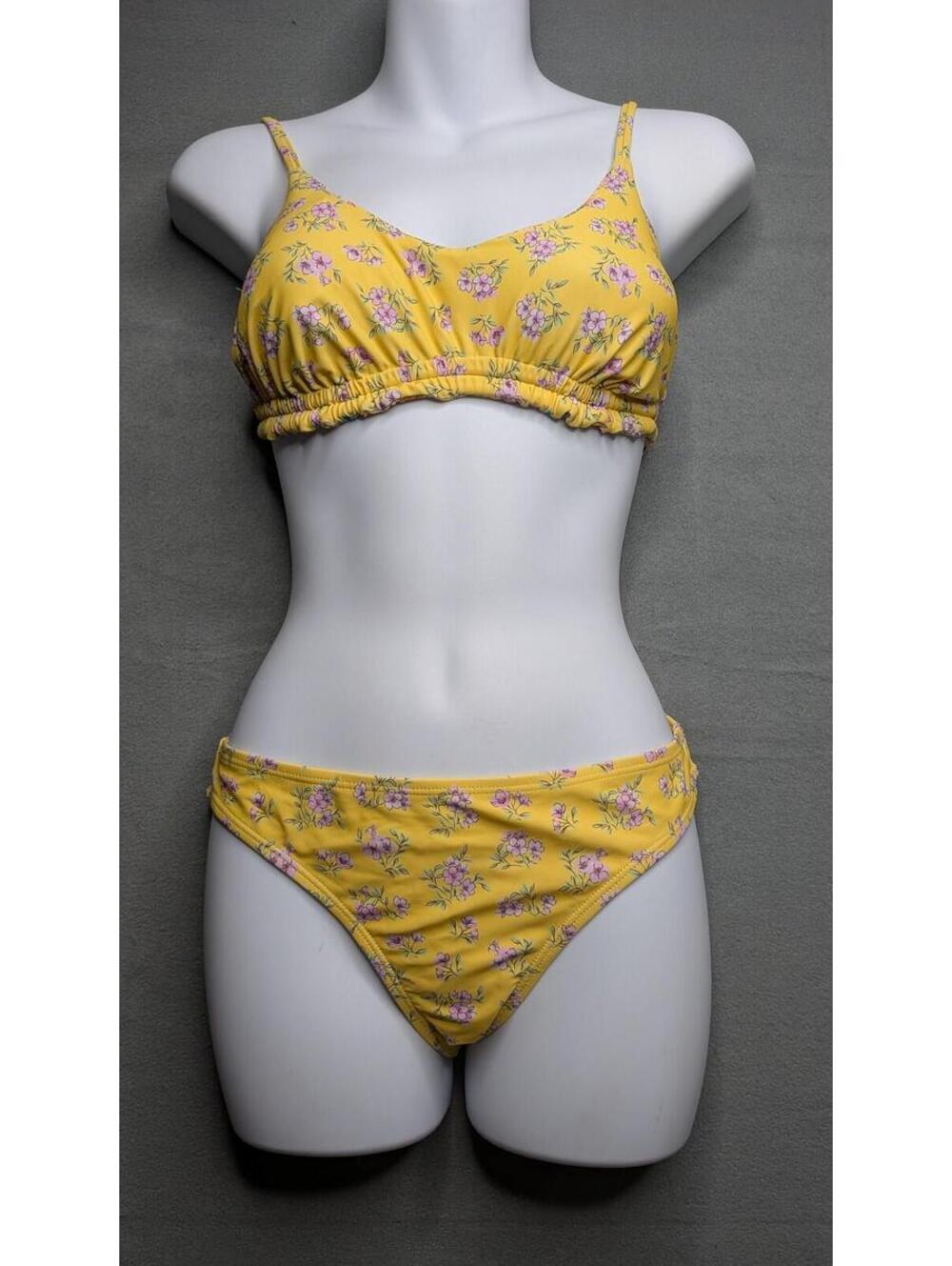 California Sunshine Bikini Set Womens M Yellow Floral Bralette Lined Swimwear